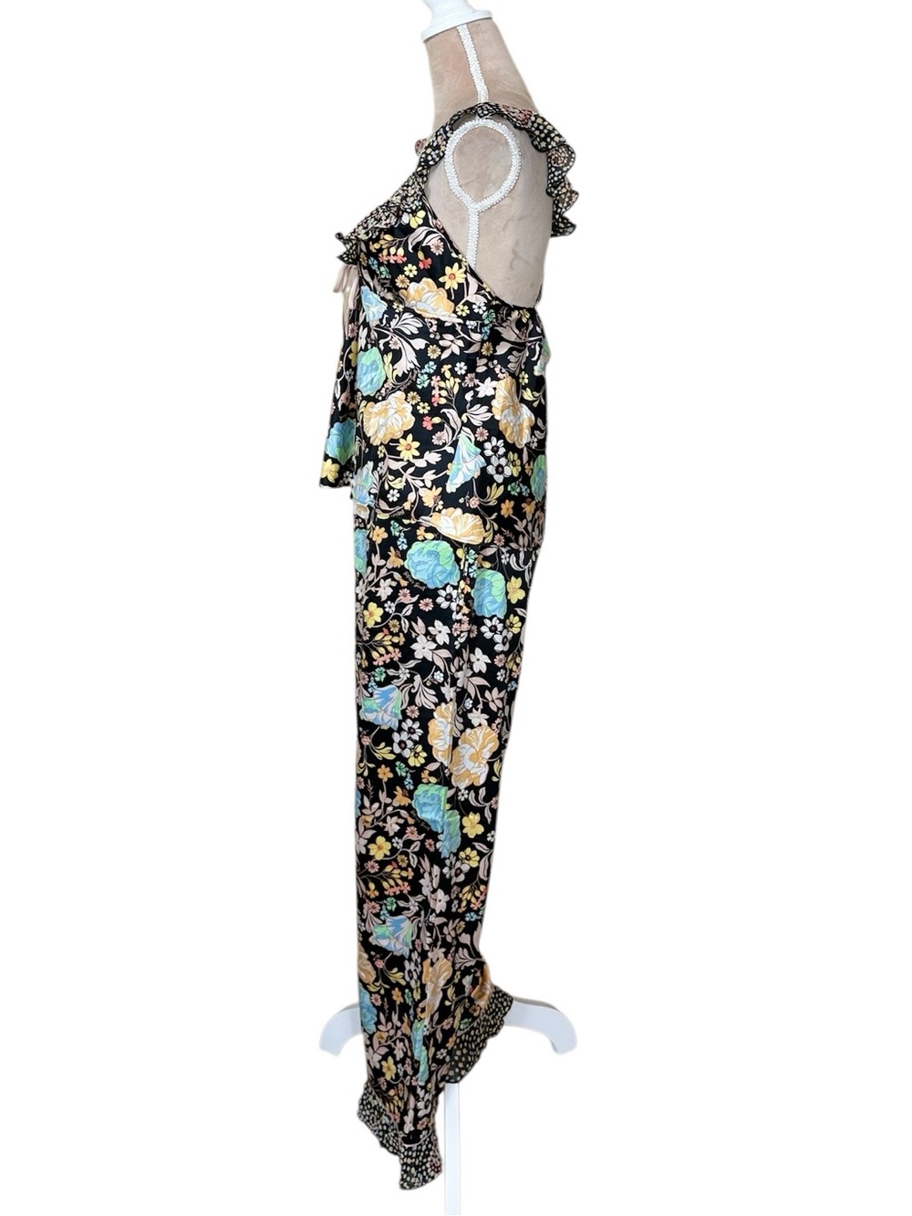 Victoria's Secret Satin Black Floral  with Pastel Blooms Flounce Pajama Set - Picture 3 of 10